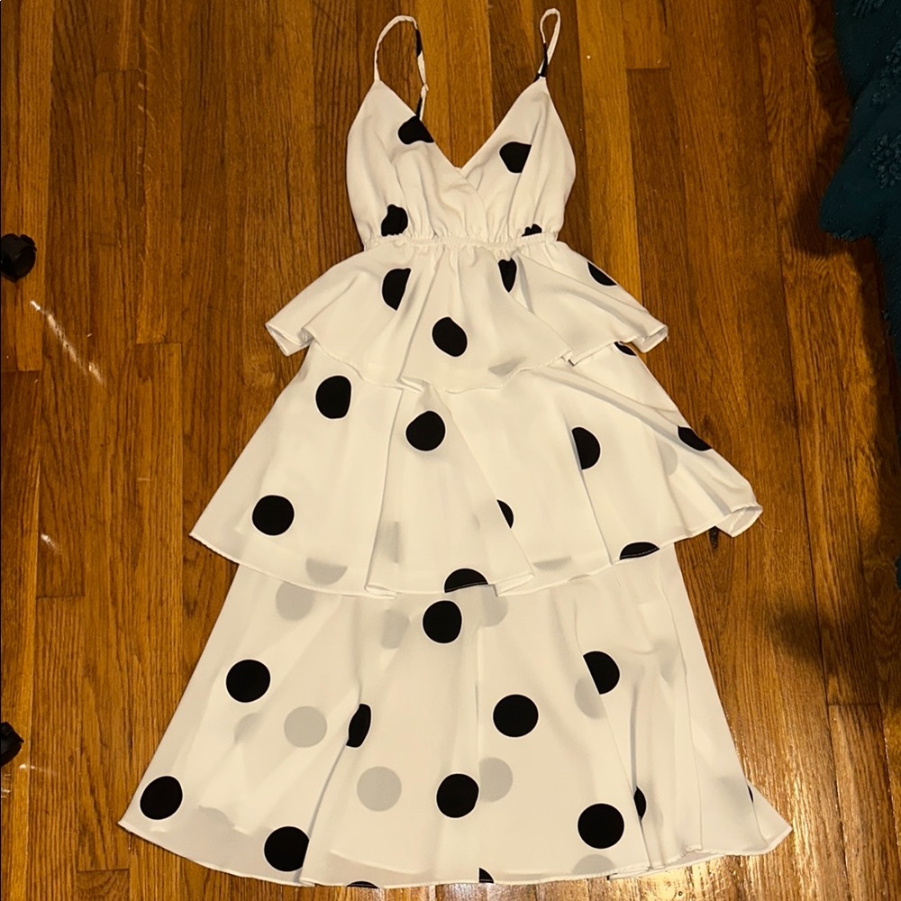Elegant White and Black Polka Dot Dress
